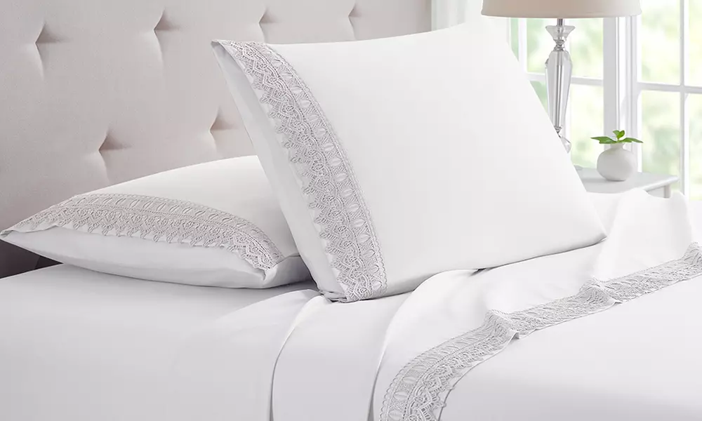 BambooComfort Four-Piece 1800 Thread Count Lace Crochet Deep Pocket Sheet Set - Second Medium