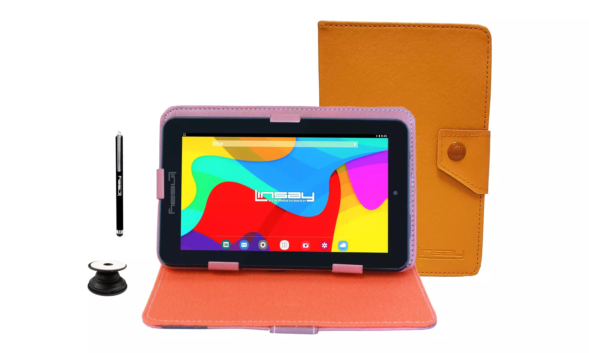 LINSAY 7" 2GB RAM 32GB Android 12 Tablet with Brown Leather Case, Holder and Pen - Primary Image