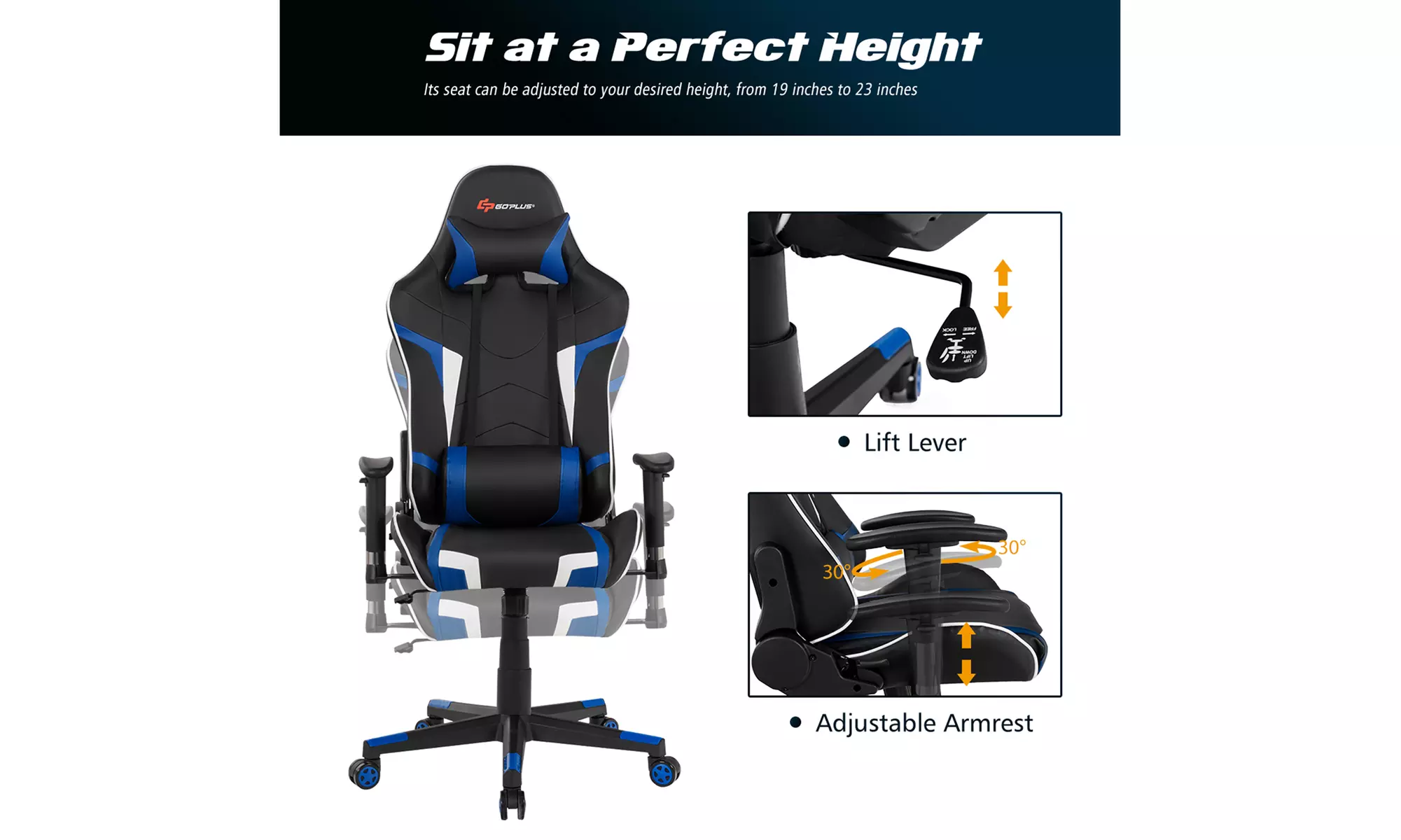Reclining Massage Gaming Chair with Lumbar Support and Headrest