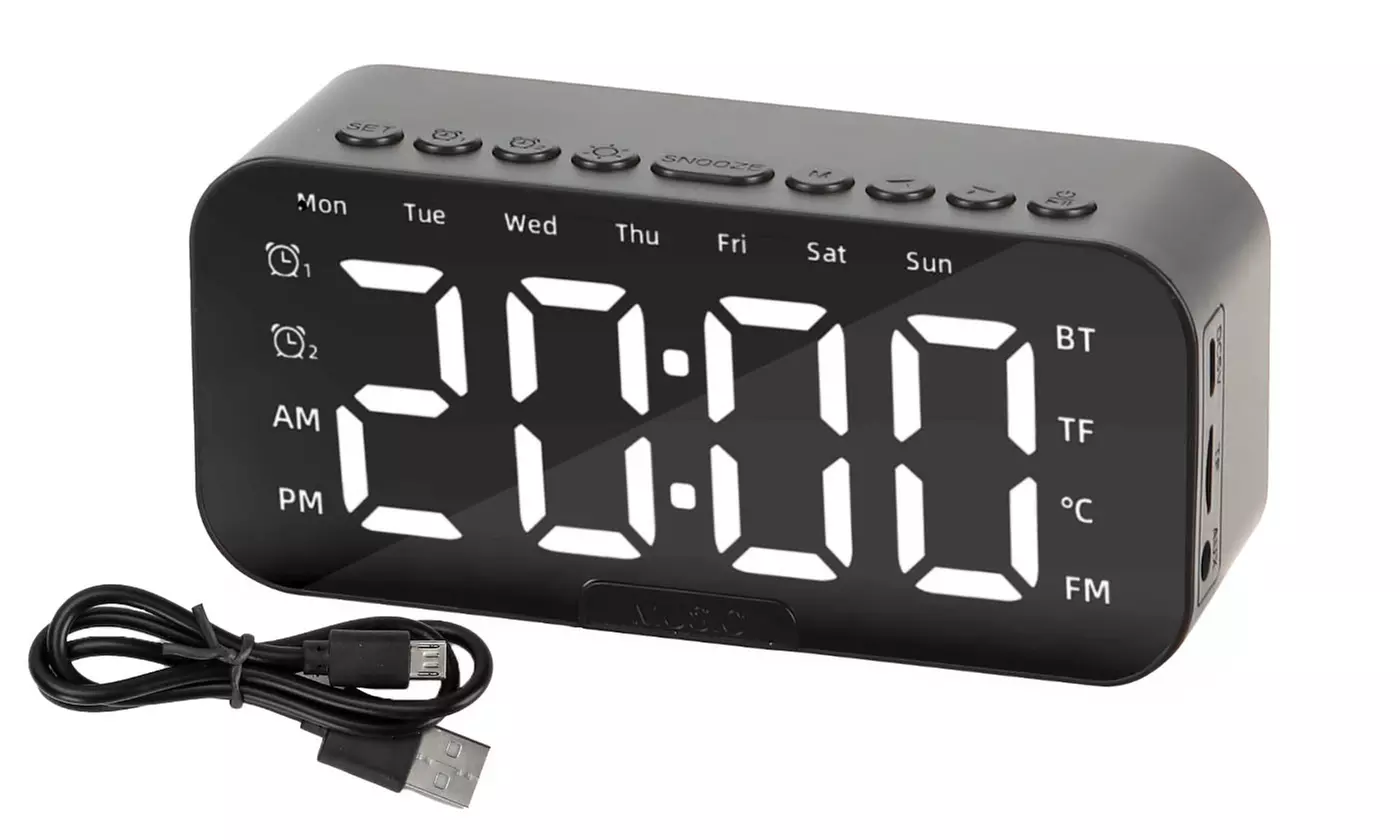 Portable Digital Alarm Clock FM Radio Wireless Bluetooth Mirror LED With Speaker