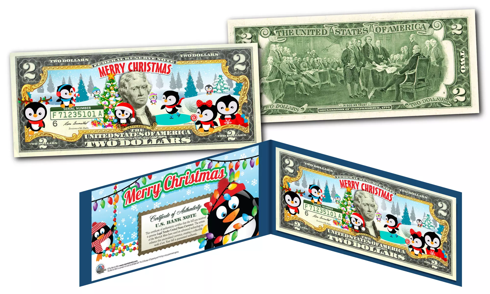 Cute PENGUINS Christmas Legal US Tender 2 Dollar Bill - Best Stocking Stuffer! - Primary Image