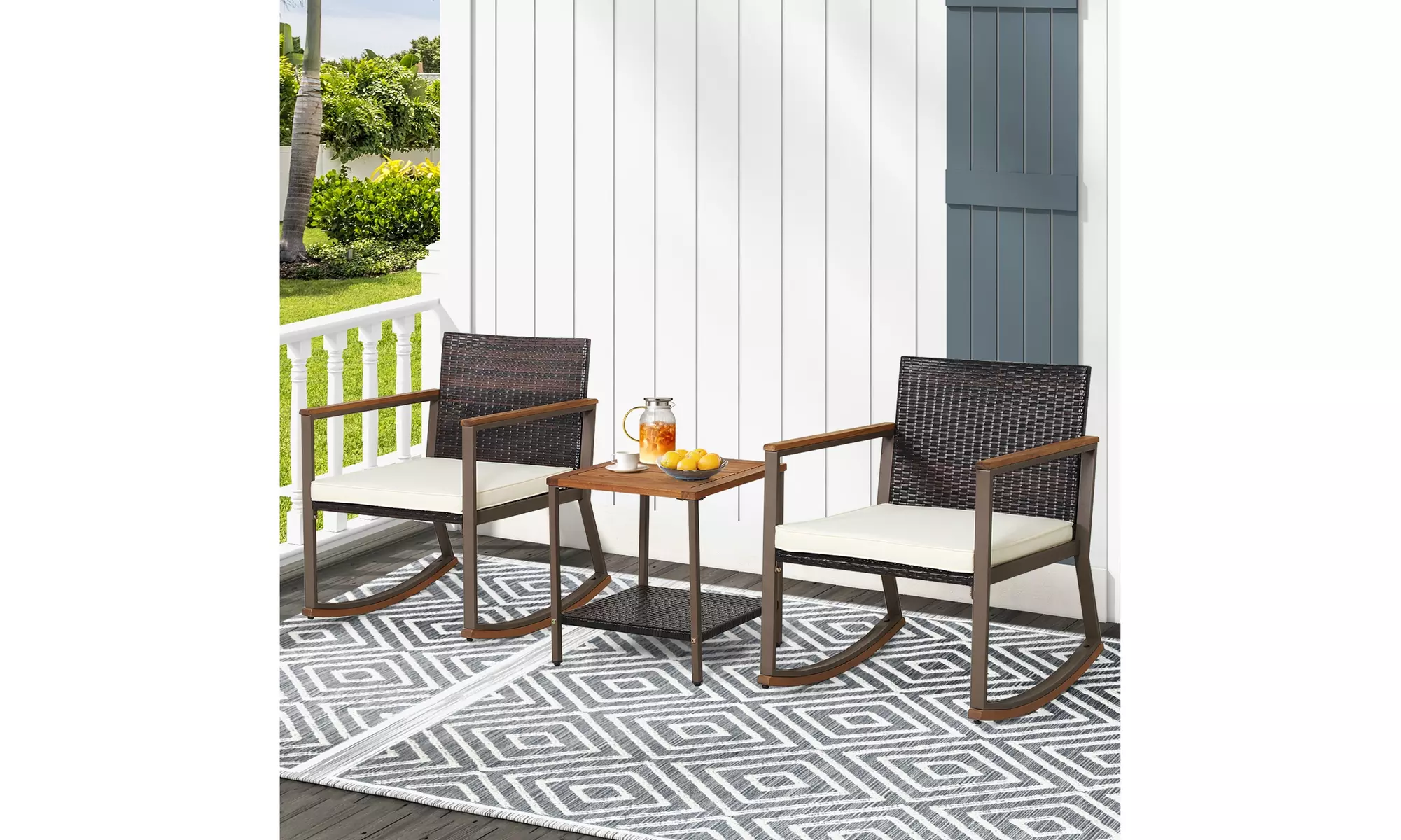 Costway 3 PCS Patio Rattan Rocking Chair Bistro Set Armrest Cushion Table