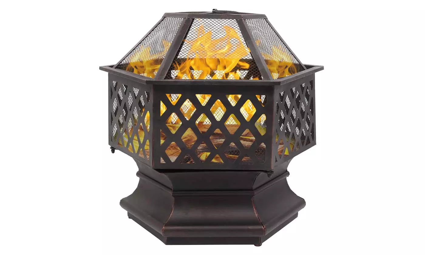 Wood Burning Fire Pit, 22" Hexagonal Shaped Iron Brazier for Backyard Decoration - Primary Image