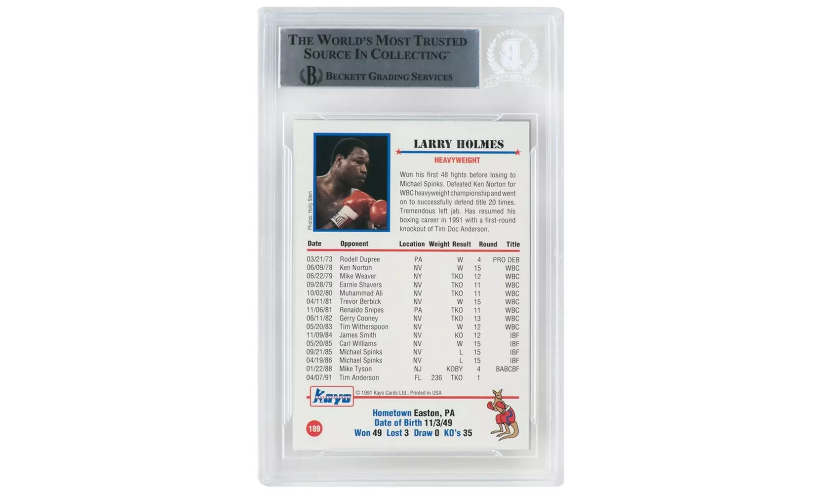 Larry Holmes Signed 1991 Kayo Boxing Trading Card #189 - (Beckett Encapsulated)
