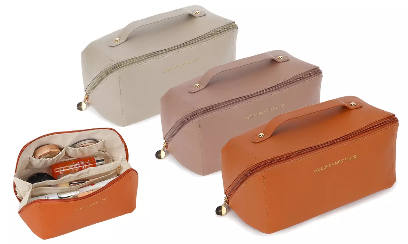PU Leather Travel Wide-Open Toiletry Bag Makeup Large Capacity Organizer