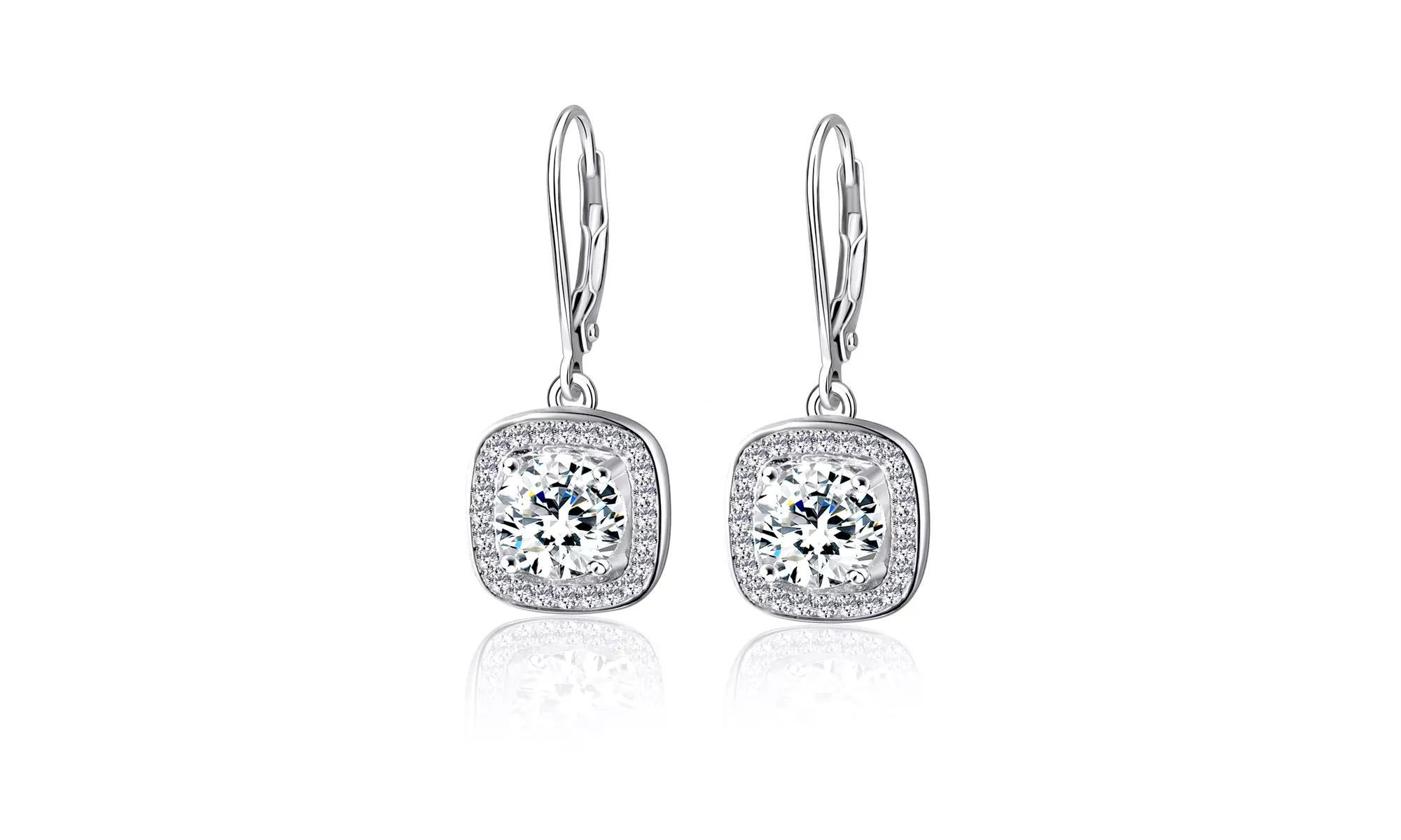 Crystal Square Halo Leaver-back Drop Earrings in Rhodium Plated - Primary Image