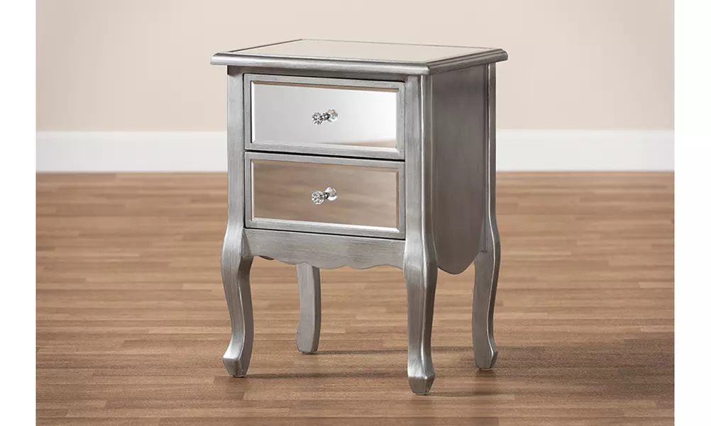 Leonie Brushed Silver Wood and Mirrored Glass 2-Drawer Nightstand - Primary Image