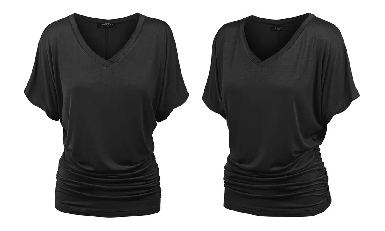 Made by Johnny Womens Solid Short Sleeve V-Neck Dolman Top with Side Shirring