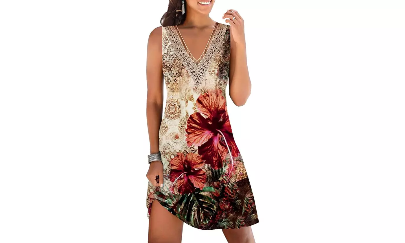 Women's Sleeveless Casual Swing Dress V Neck T Shirt Dress with Pockets