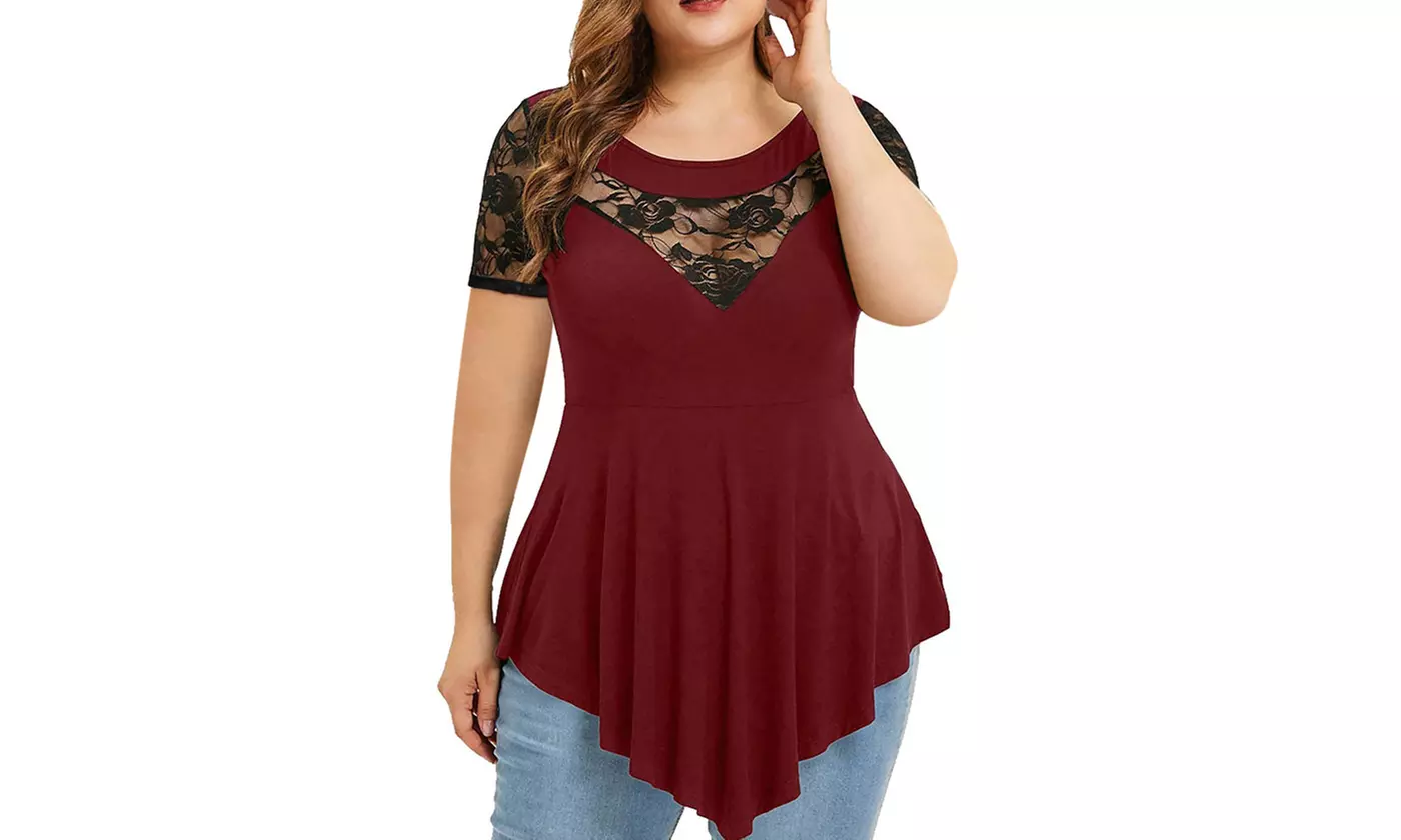 Women's Plus Size Lace Shirt Asymmetrical Blouse Short Sleeve Swing TunicTops - Second Medium
