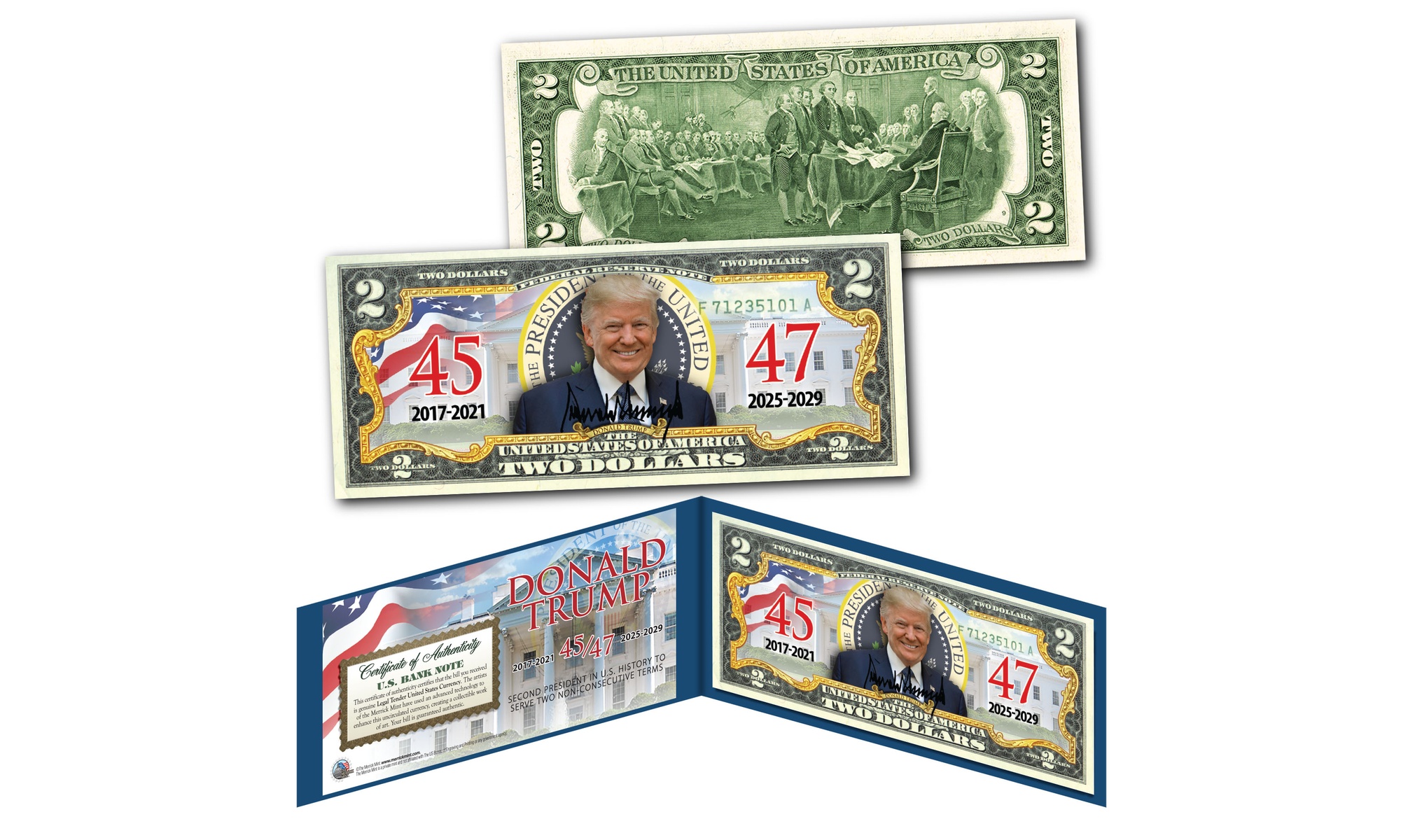 Donald Trump 47th President "Presidential Seal" 45/47 Genuine 2.00 Dollar Bill