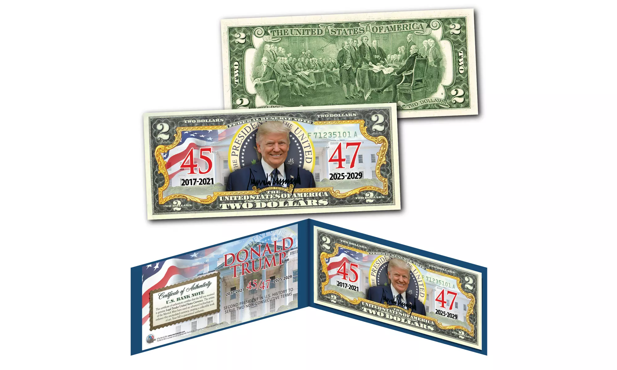 Donald Trump 47th President "Presidential Seal" 45/47 Genuine 2.00 Dollar Bill