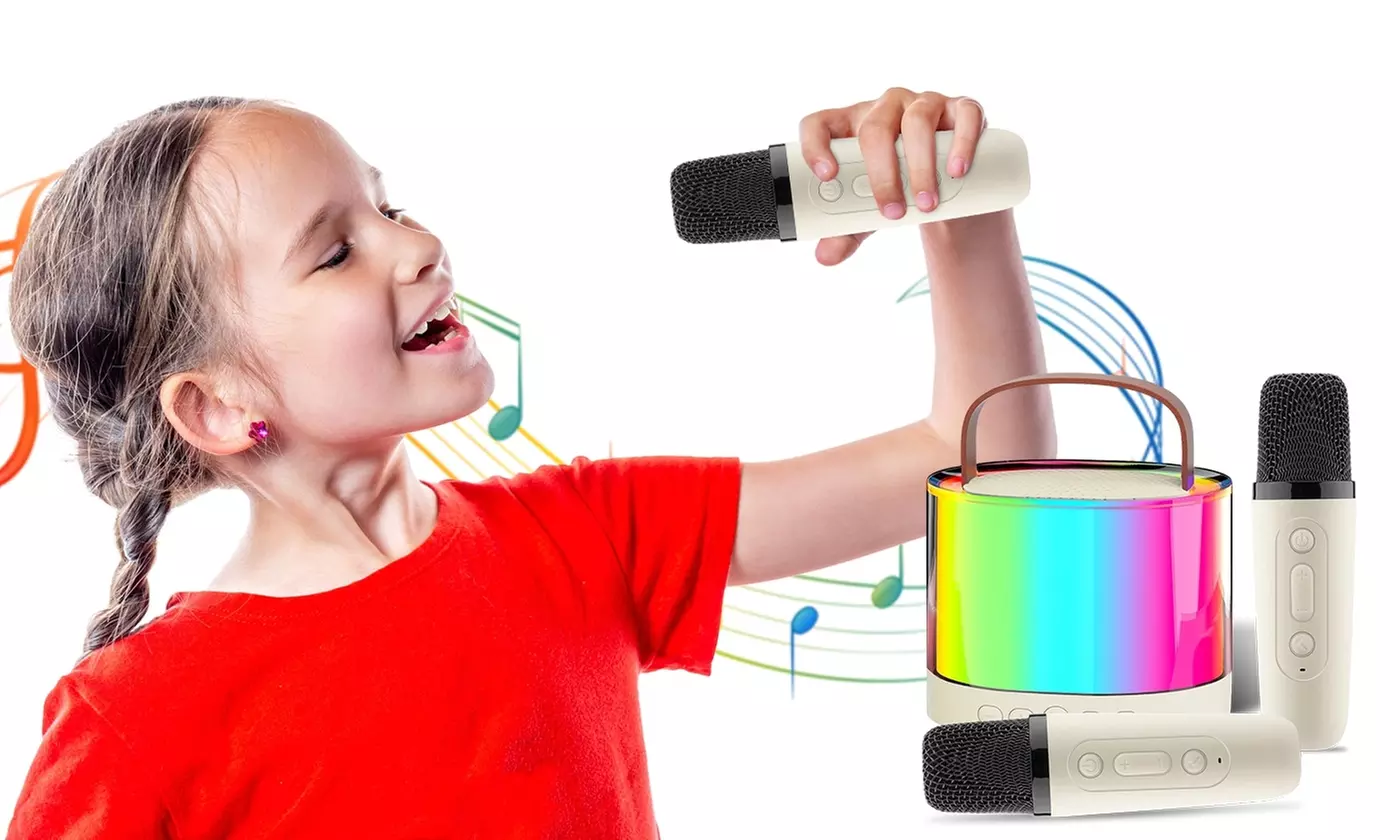 iMounTEK Mini Karaoke Machine with Two Wireless Mics, RGB Lights and Sounds