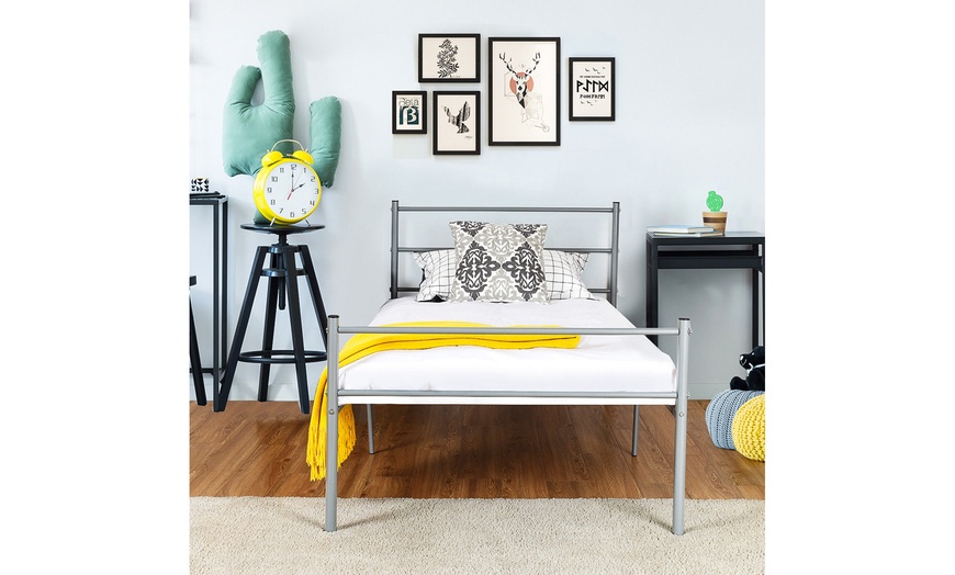 Image 15: Black Twin Size Metal Bed Frame Platform 6 Legs Headboards Furniture