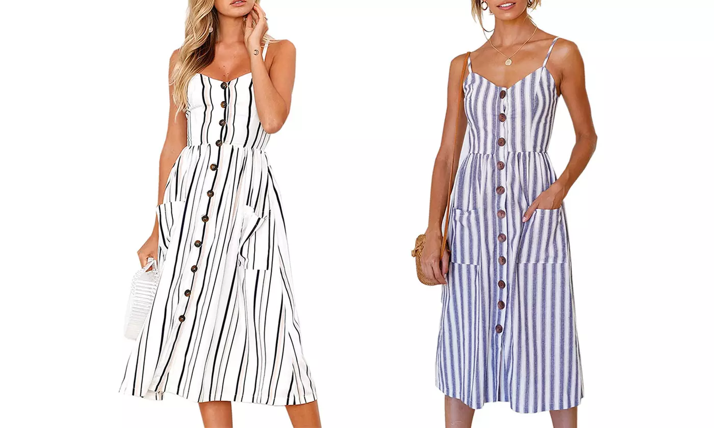 Women's Stripped Boho Spaghetti Strap Button Down Swing Midi Dress with Pockets - Primary Image
