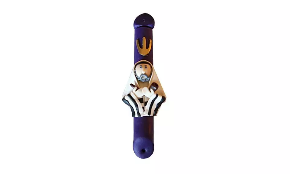 Fimo Mezuzah Rabbi Wearing Tallit & Holding Shofar, Purple Tube Gold Sheen 5" T - Second Medium