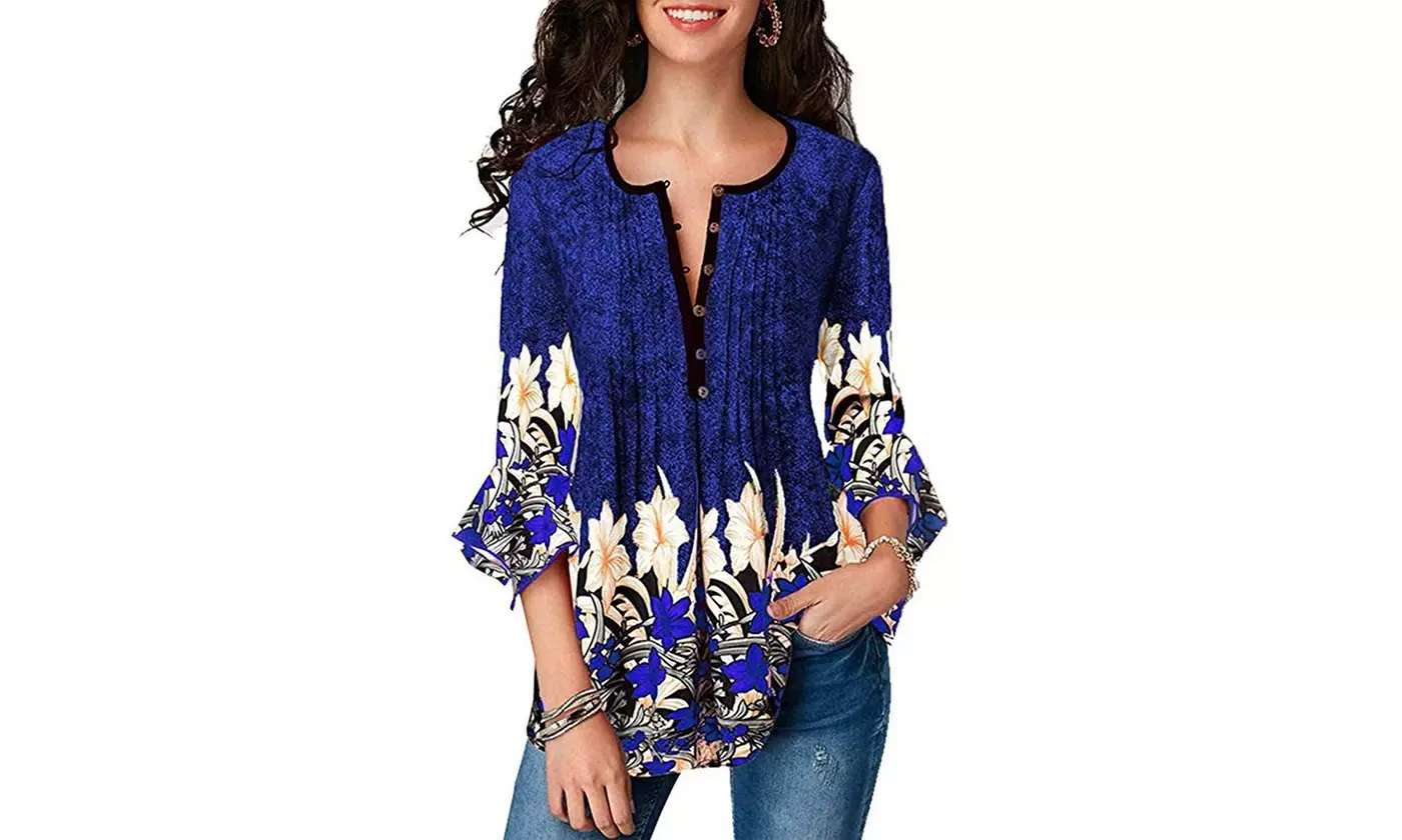 Women's Summer V-neck 3/4 Sleeve Floral Print Blouse Button Down Tunic - Second Medium