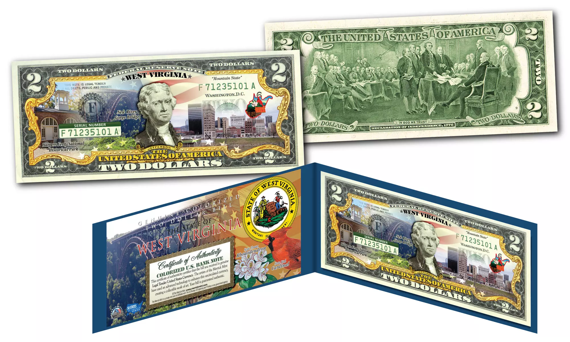 Official Genuine Legal Tender U.S. 2 Dollar Bills Honoring America's 50 States 