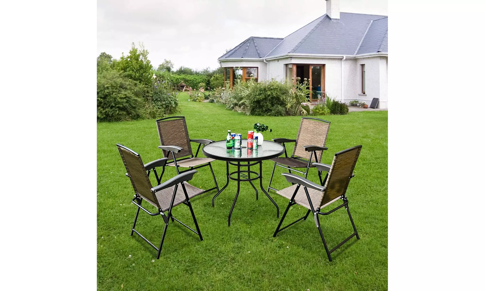 5PCS Bistro Patio Furniture Set 4 Folding Adjustable Chairs Glass Table W/Hole