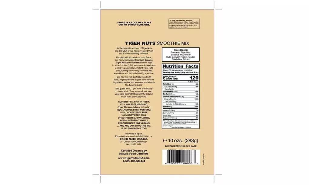 Tiger Nuts Smoothie Mix with extra protein and Vanilla Flavor - 10 ounce bag - Second Medium