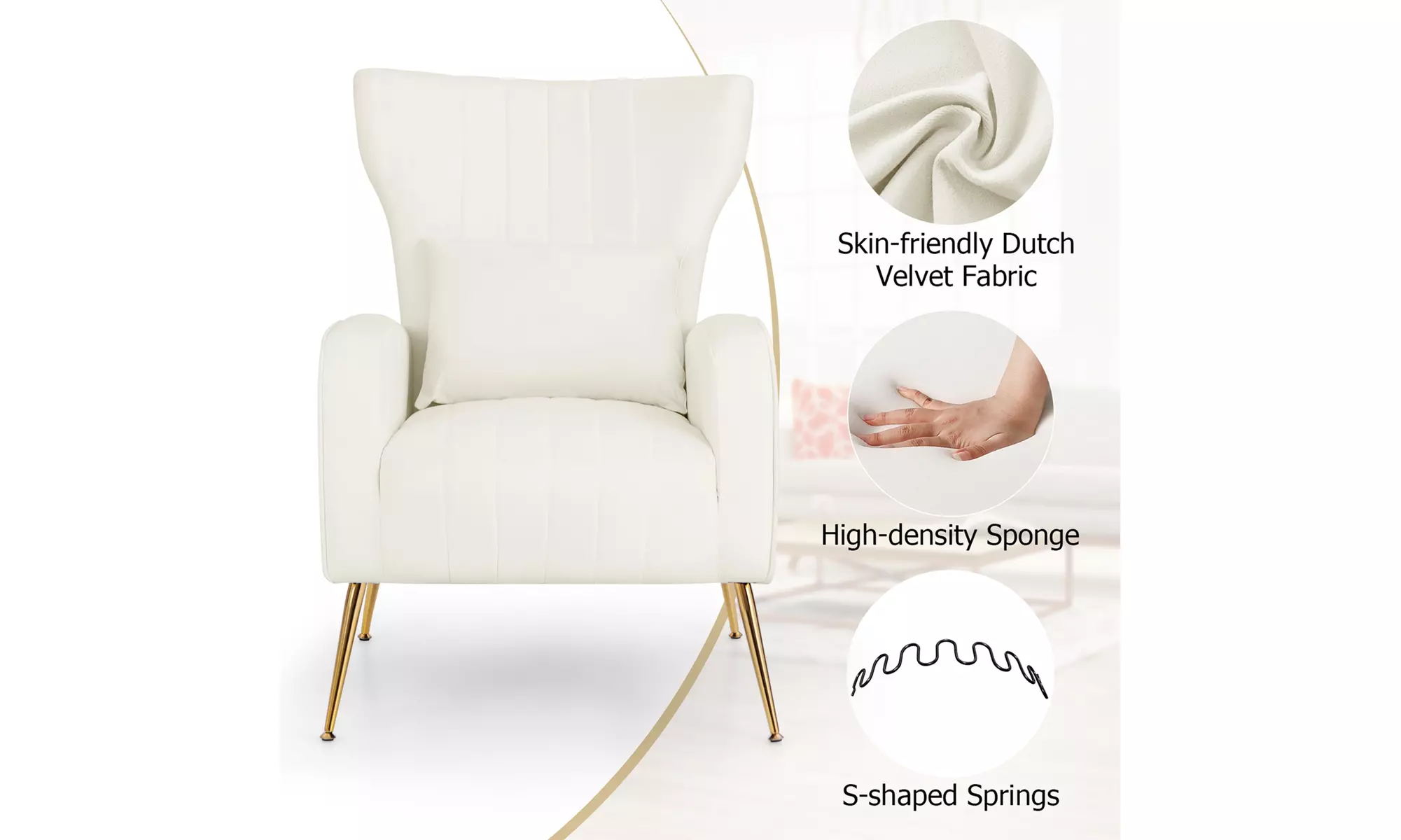Costway Velvet Upholstered Wingback Chair with Lumbar Pillow & Golden Metal Legs
