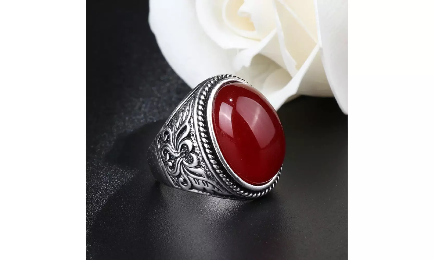 Antique Silver Oval Natural Stone Rings For Women Men  - Primary Image