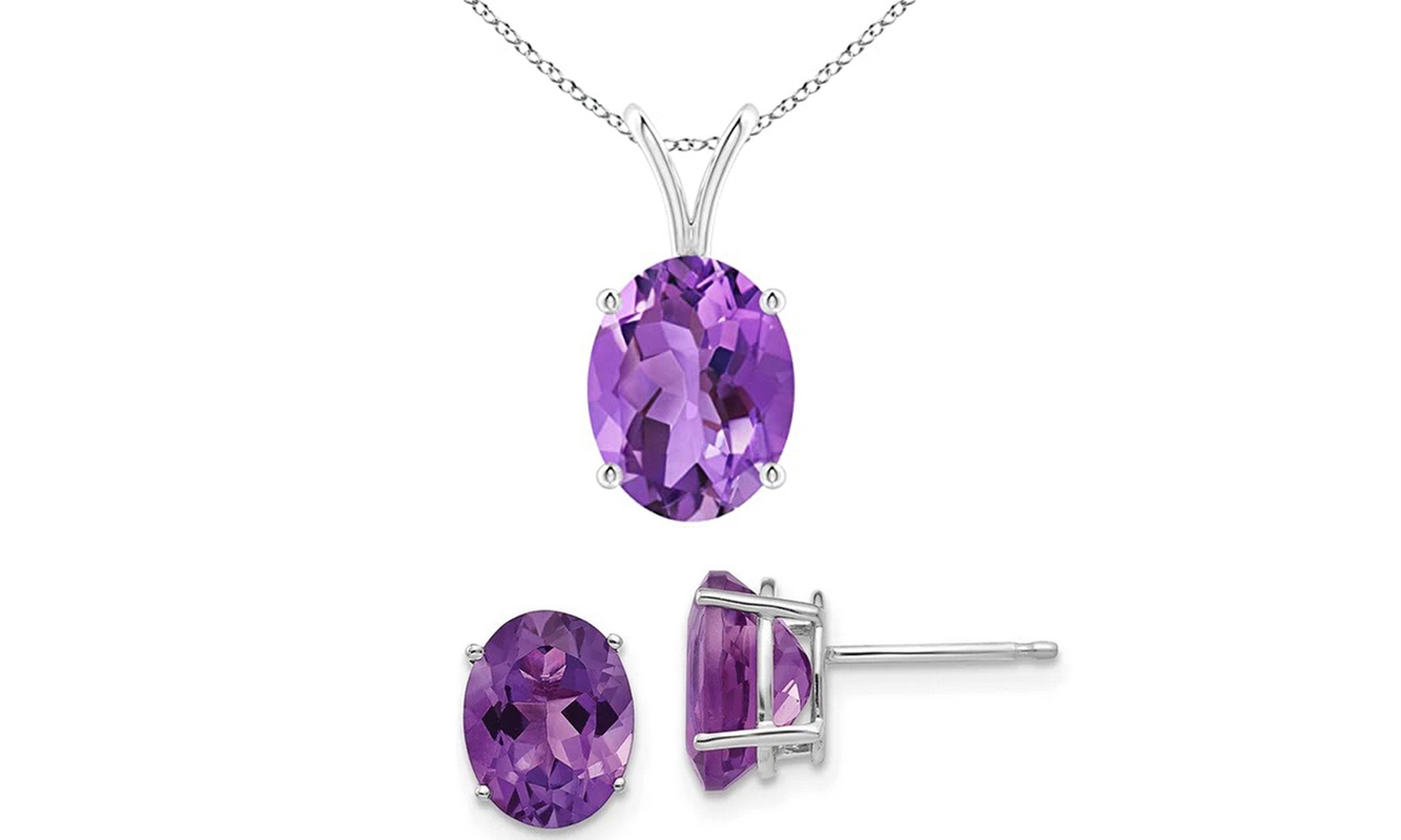  24k white Gold plated 3 Cttw Oval 18 Inch Amethyst Necklace And Earring Set.