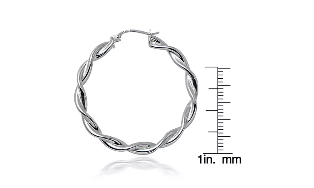 Sterling Silver 3mm Twist  Polished Hoop Earrings, 35mm