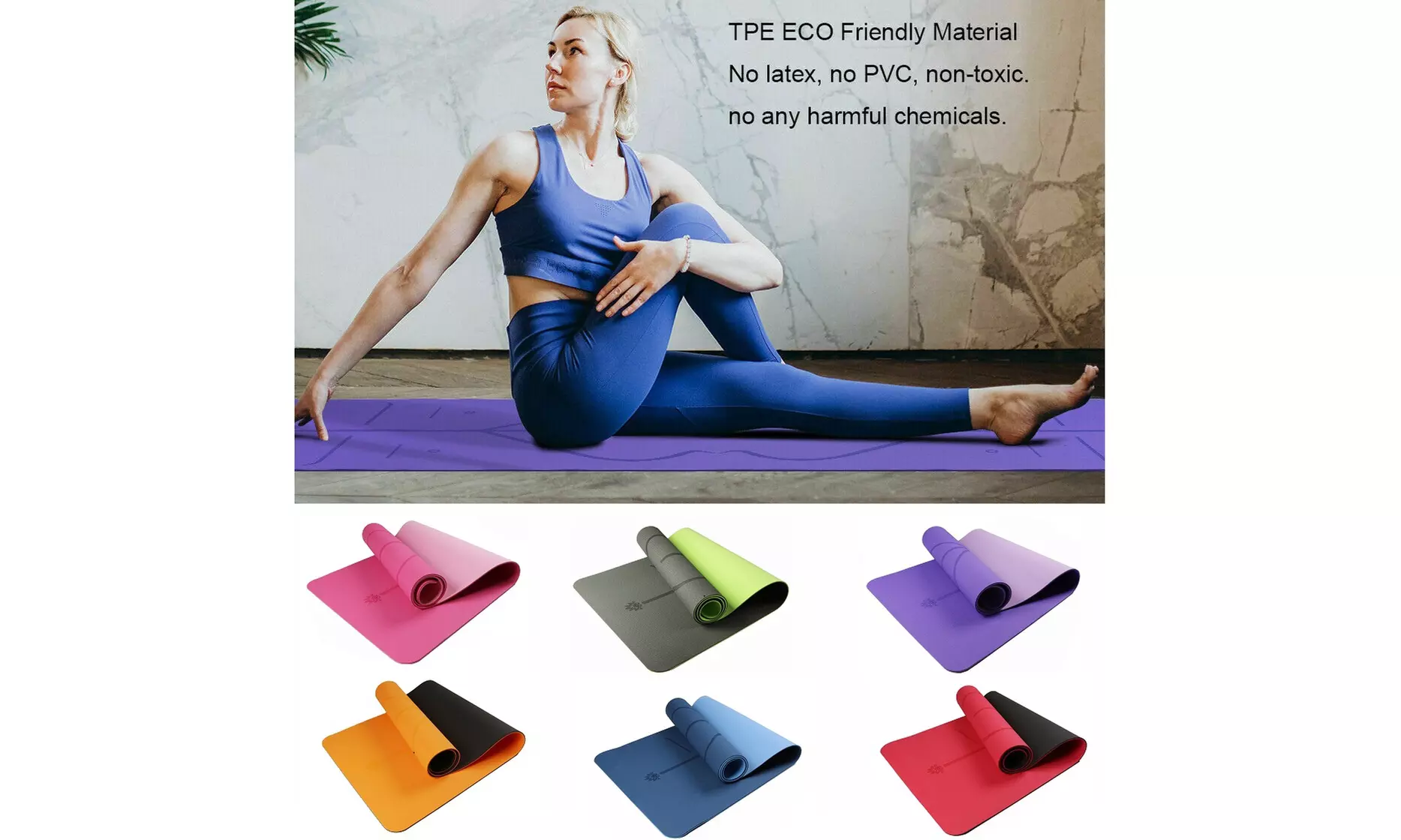 72" x 24" Exercise Yoga Mat Pilates 1/4" Thick 6MM Two Tone W/Strap TPE Non Slip - Primary Image