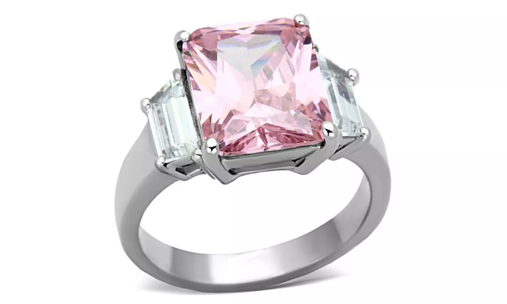 WOMENS 6.64 CT EMERALD CUT ROSE ZIRCONIA STAINLESS STEEL ENGAGEMENT RING 