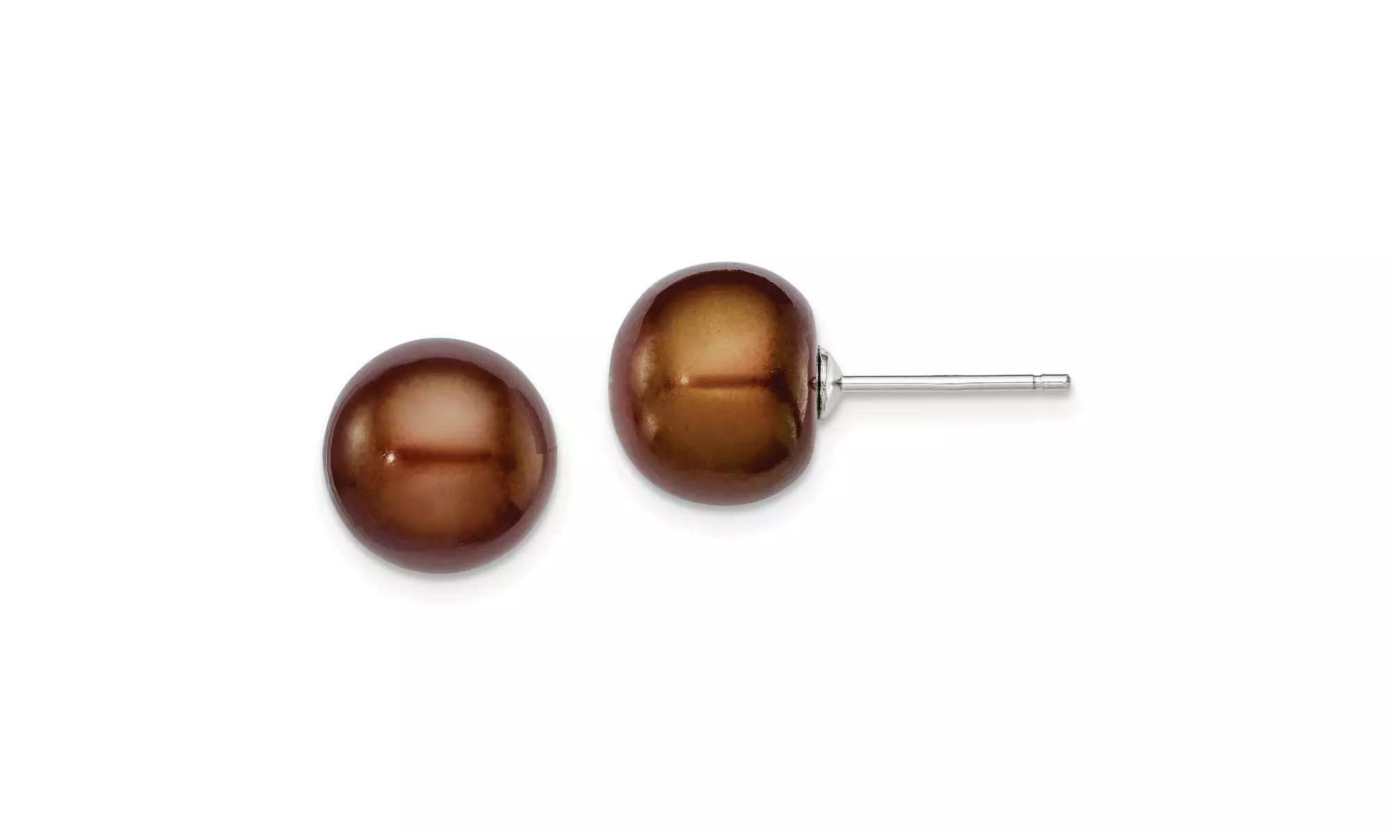 White Gold Plated 11 mm Brown Freshwater Cultured Button Pearl Stud Earrings