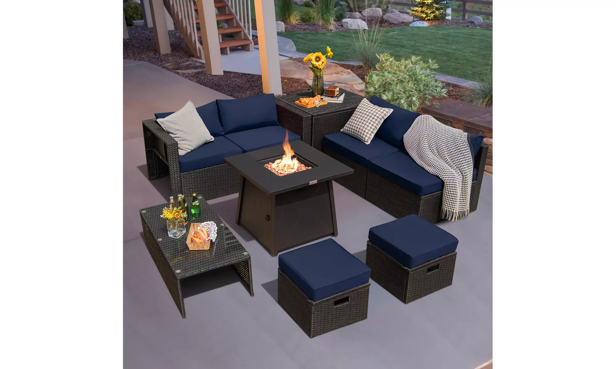 Costway 9PCS Patio Rattan Furniture Set Fire Pit Space-saving W/Cover  Cushion