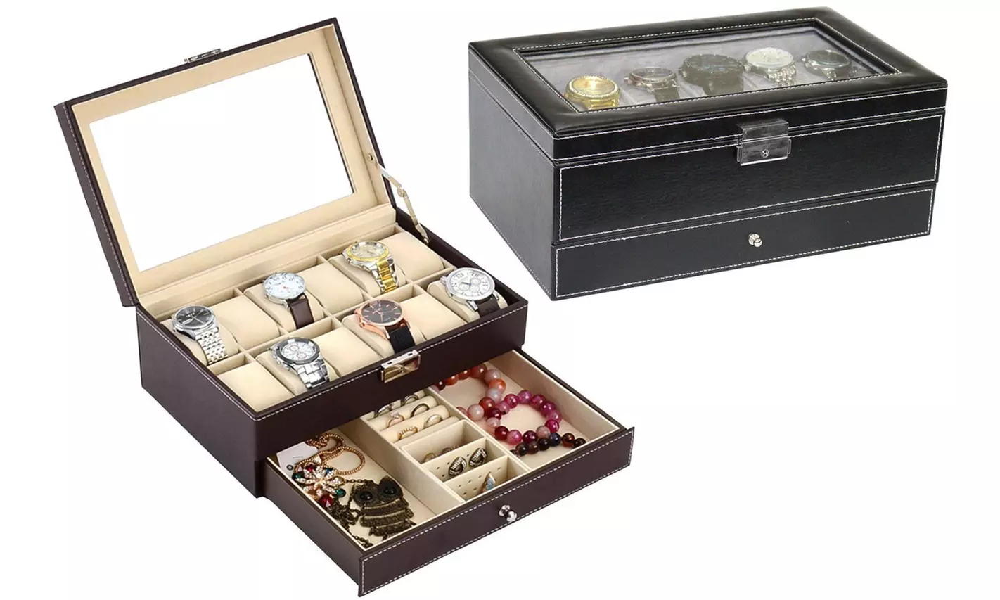 Leather 12 Mens Watch Box Jewelry Display Drawer Watch - Second Medium