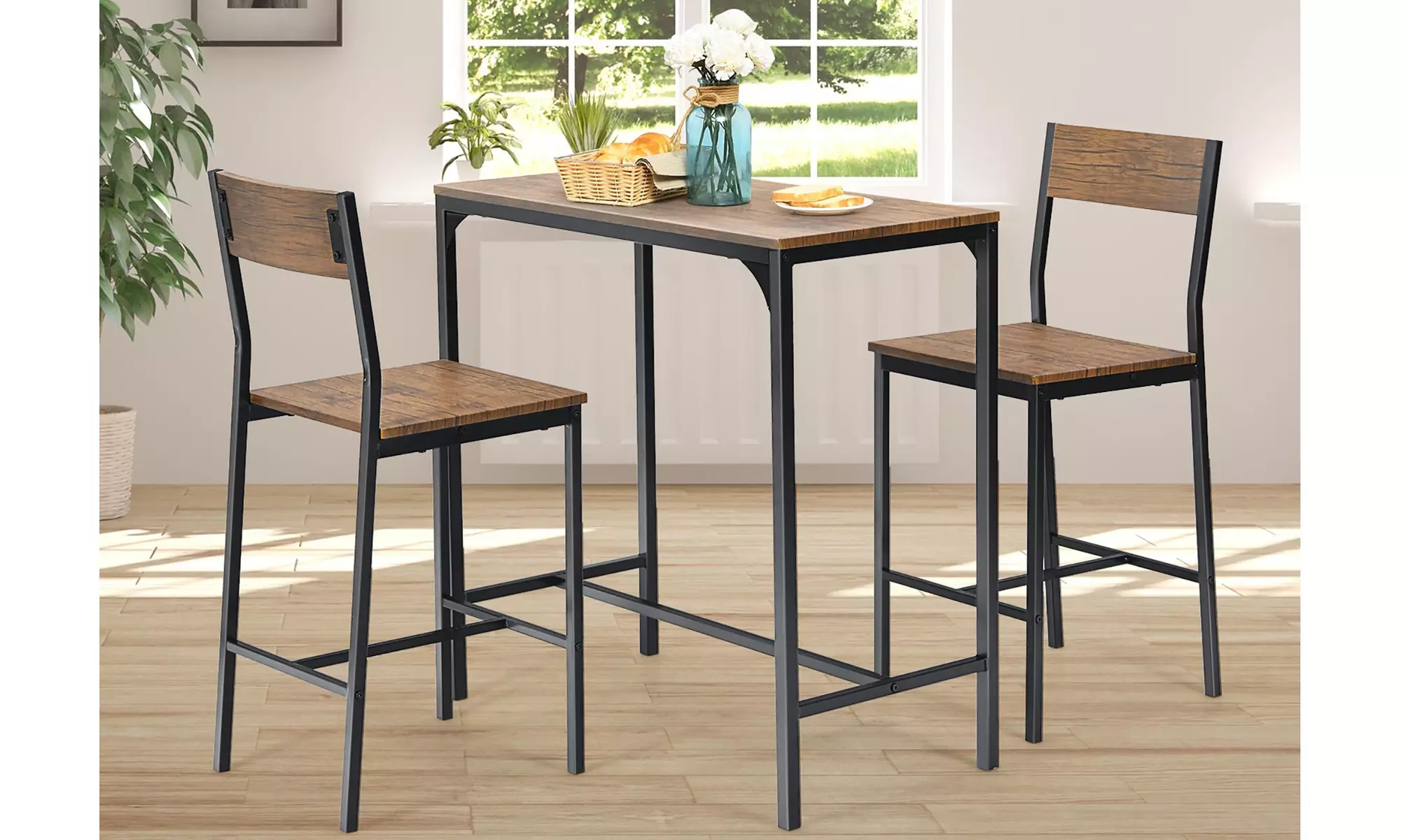 Costway 3PCS Bar Table Set Industrial Counter Height Dining Table Set w/2 Stools - Primary Image