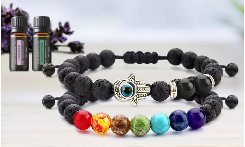Set of 2: Lava Stone Chakra and Evil Eye Bracelet with Optional Essential Oils  - Primary Image