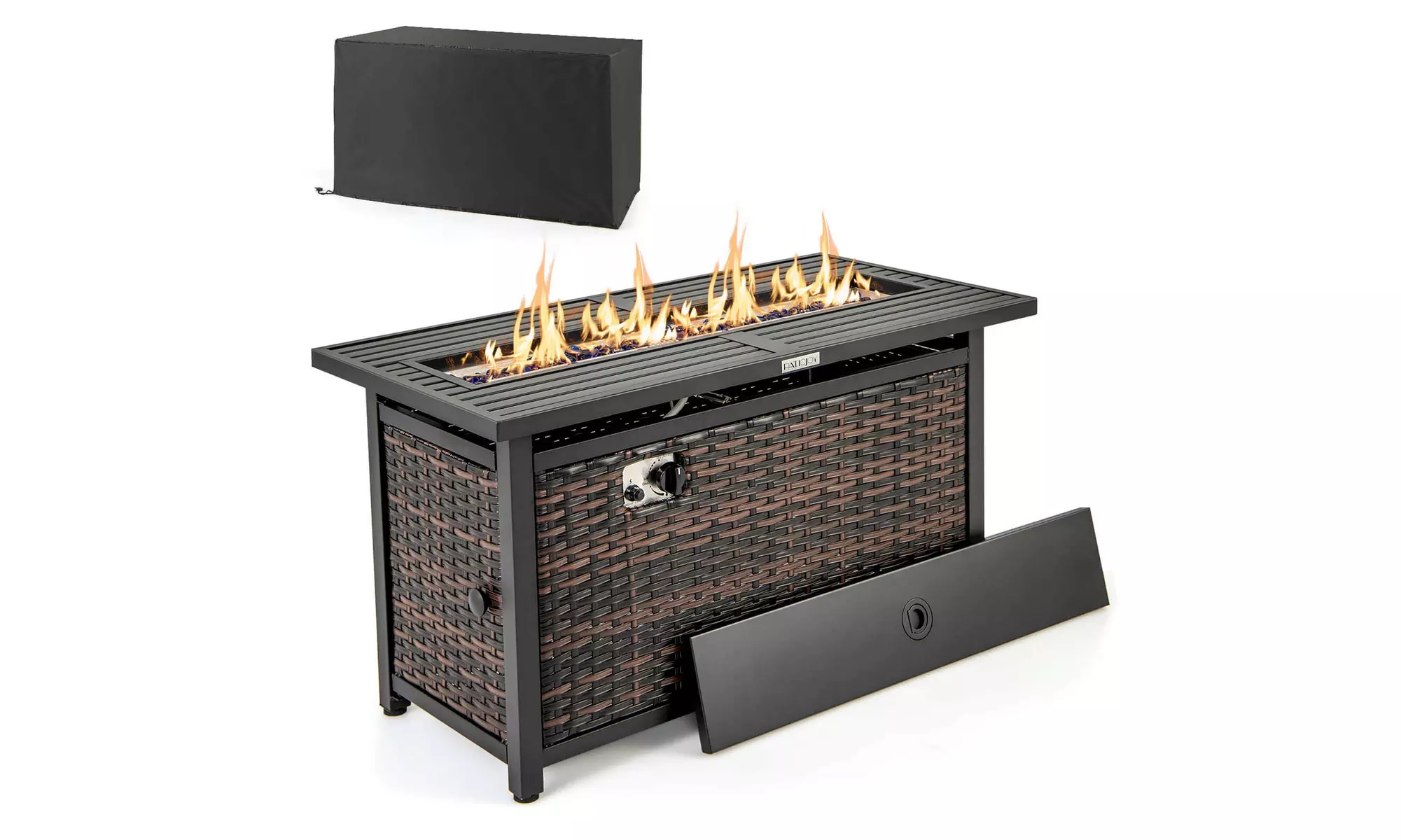 Costway 45" Propane Rattan Firepit Table with Glass Stones & Protective Cover
