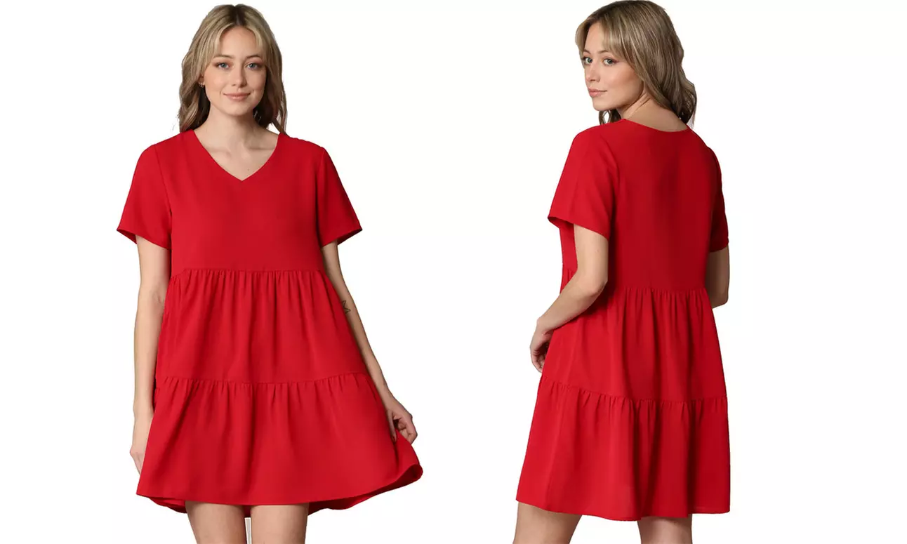 Made By Johnny Casual Flowy Swing Shift Short Sleeve Tiered Dress