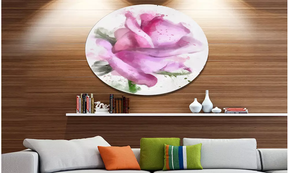 Pink Rose Drawing Watercolor' Ultra Glossy Floral Oversized Metal Circle - Primary Image