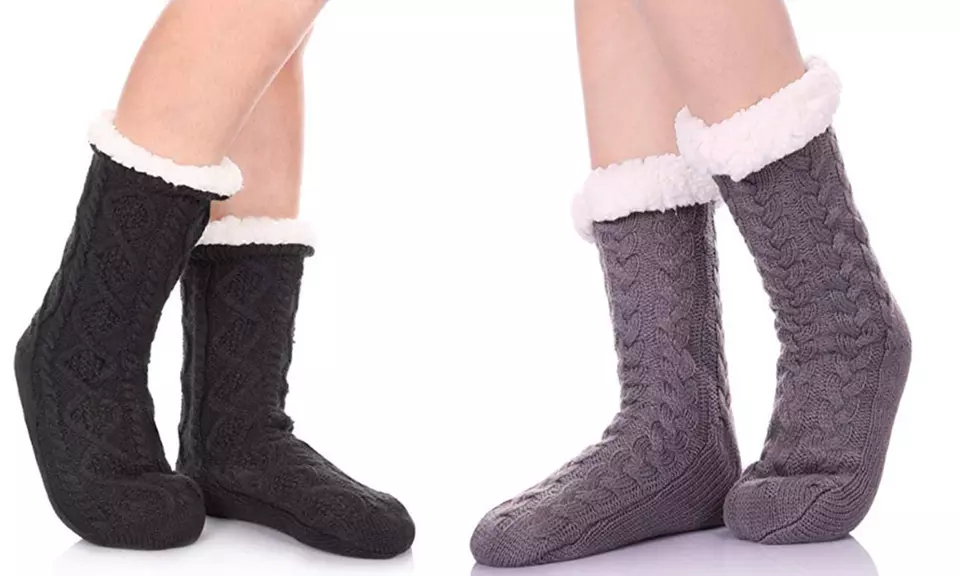 Women Cable Knit Slipper Socks - Super Soft Warm Home  Winter Socks - Primary Image