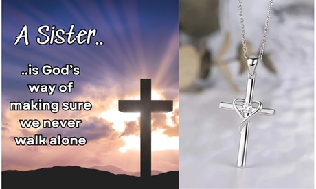 To My Sister - Never Walk Alone Cross Necklace Silver Silver Cubic Zirconia Sterling Silver