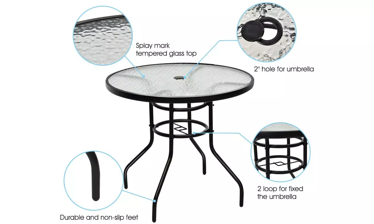 5PCS Bistro Patio Furniture Set 4 Folding Adjustable Chairs Glass Table W/Hole