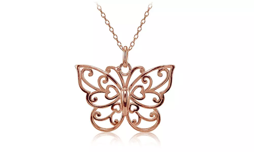 Rose Gold Flashed Sterling Silver High Polished Filigree Butterfly Necklace