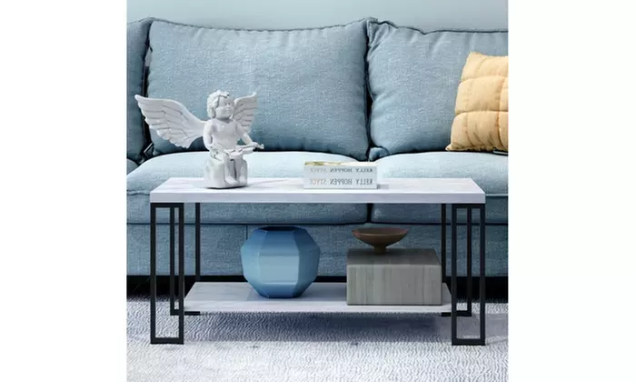 2 Layers MDF Imitation Marble Square Tabletop Iron Coffee Table - Primary Image