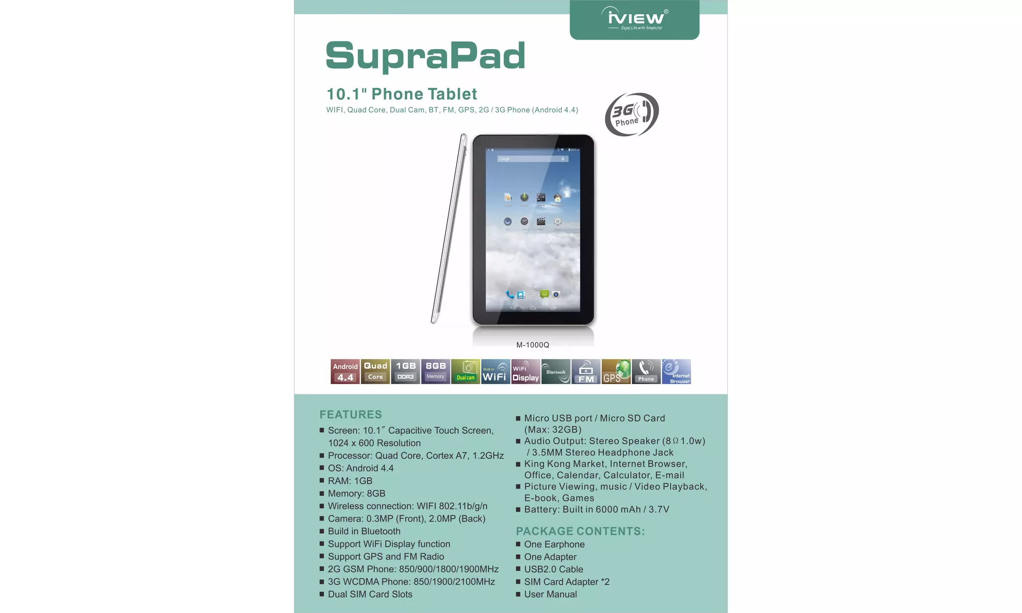 M-1000Q - 10.1", Android OS, Quad Core, Cortex A7, 1GB DDR3/8GB 2-in-1 Phone  - Second Medium