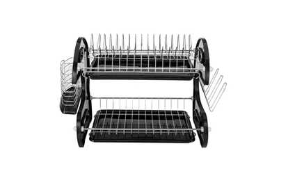 2-Tier Stainless Steel & Plastic Dish Drainer Drying Rack Set Black