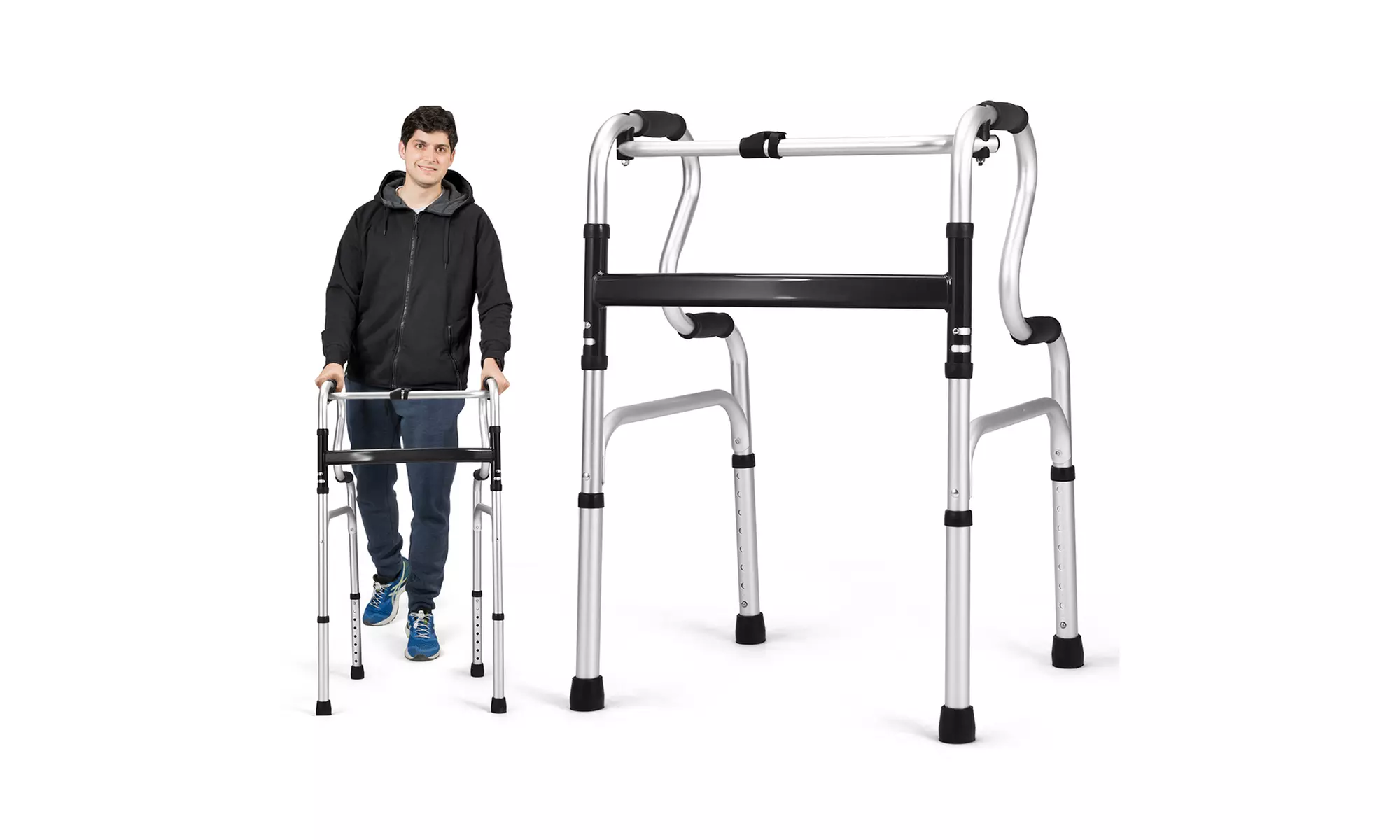 Costway One-button Folding Walker Aluminum Walking Frame w/ Adjustable Height - Primary Image