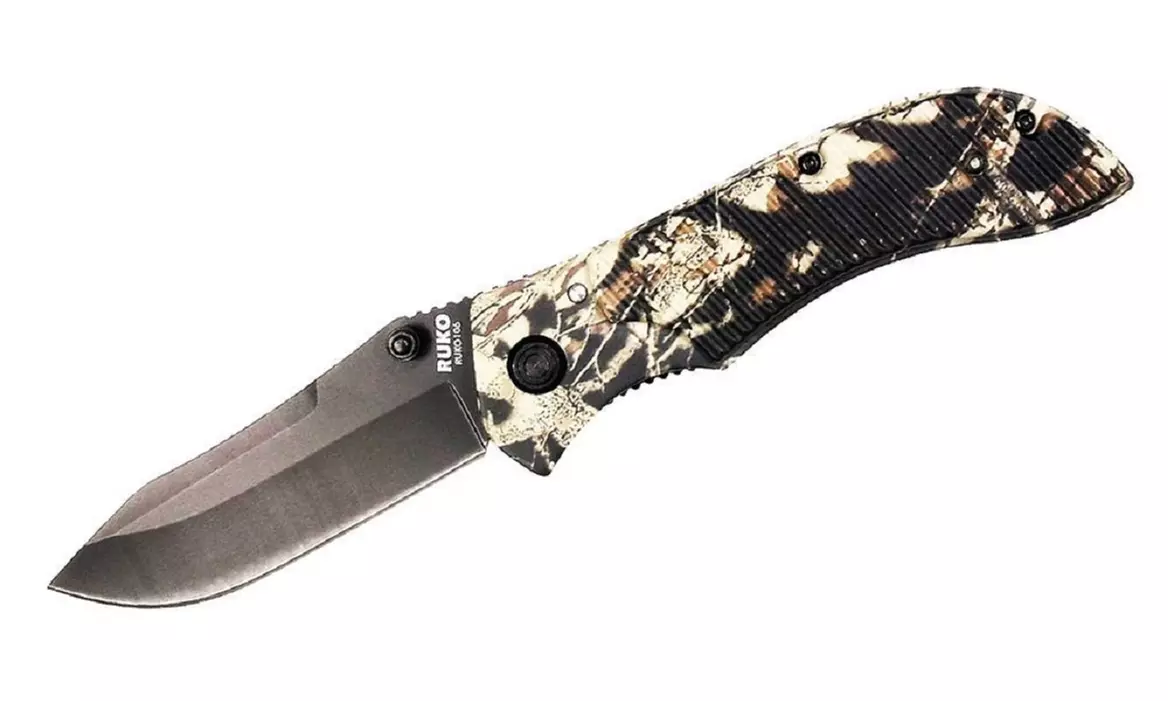Ruko Camo Folding Knife,Striated Handle,Camo EVA 1000D Nylon Sheath - Primary Image