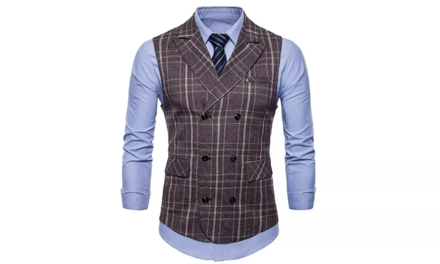 Men's Plaid Suit Vest Double-Breasted Casual Shawl Lapel Business Waistcoat - Primary Image