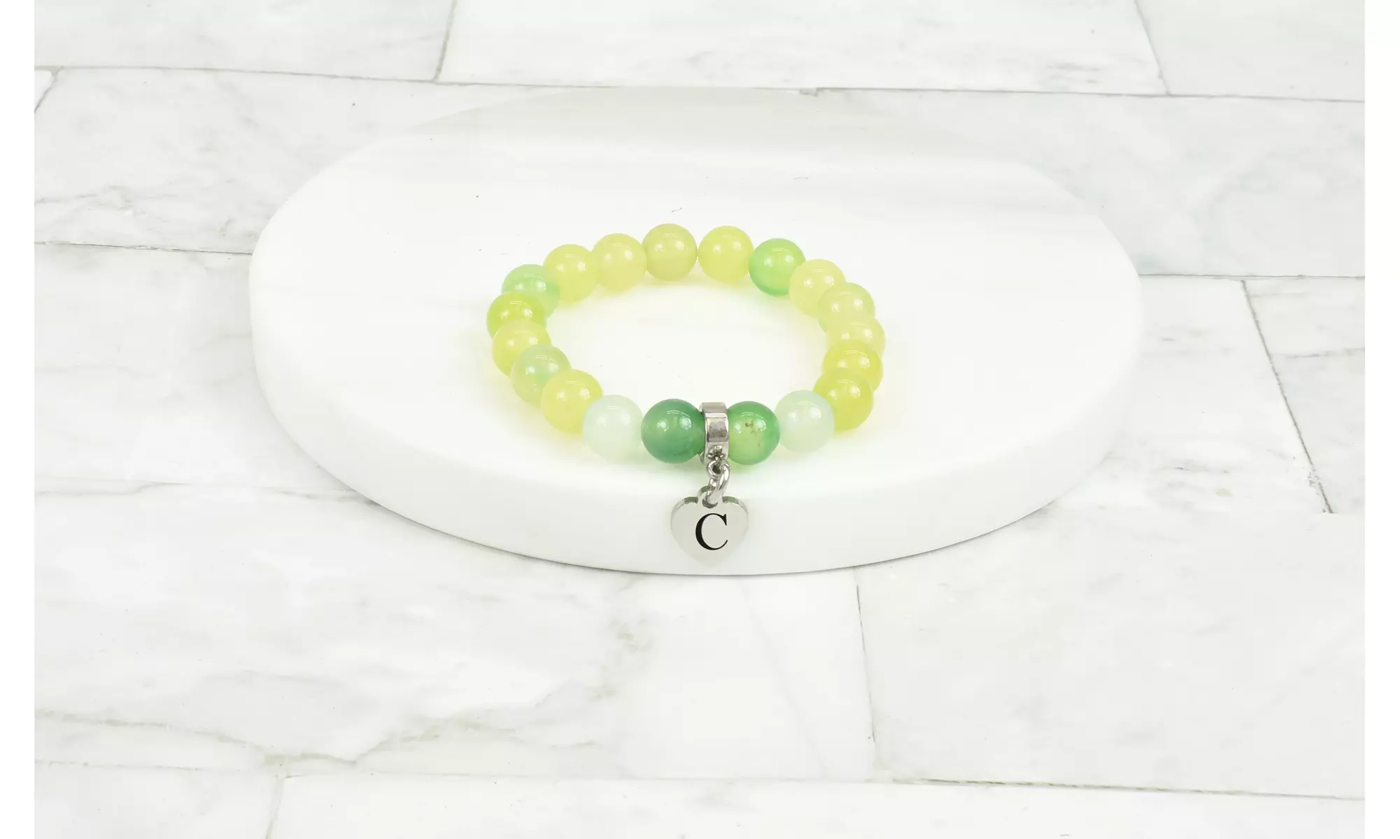 Kid's Natural Mint Agate With Tiny Heart Intial Charm Bracelet By Pink Box - Primary Image