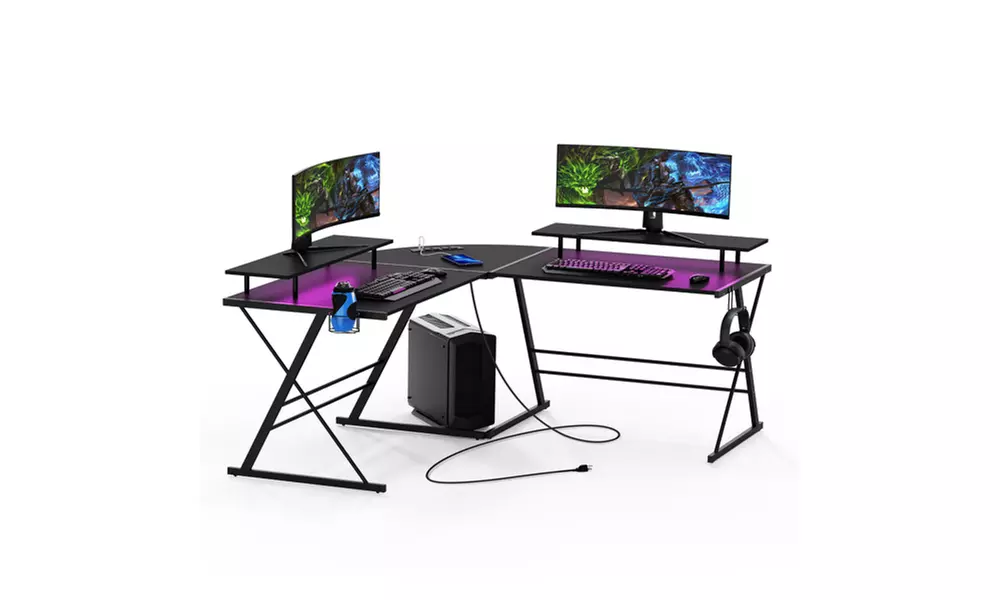 L Shaped Computer Corner Desk,  Ergonomic Gaming Table with Monitor Stands - Primary Image